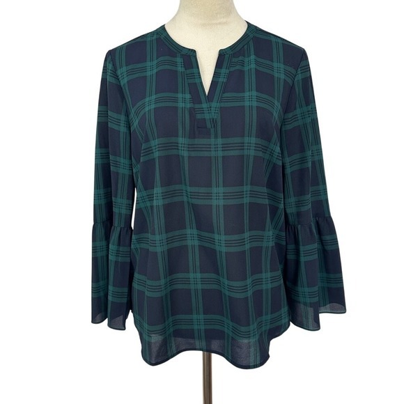J. Crew Tops - J.Crew Plaid Blouse Bell Sleeve Top V-Neck Career Casual Green Blue Women Medium